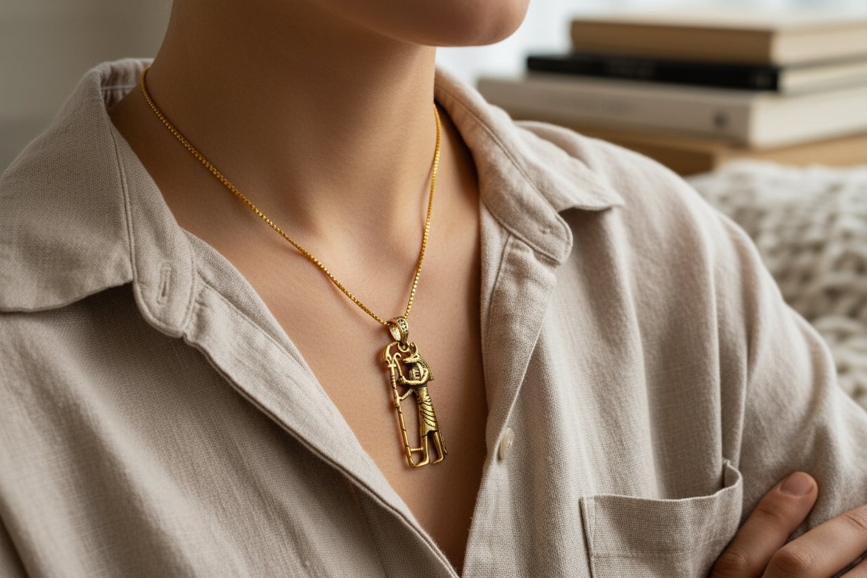 Gold Anubis Pendant Necklace, Handmade Egyptian Revival Jewelry