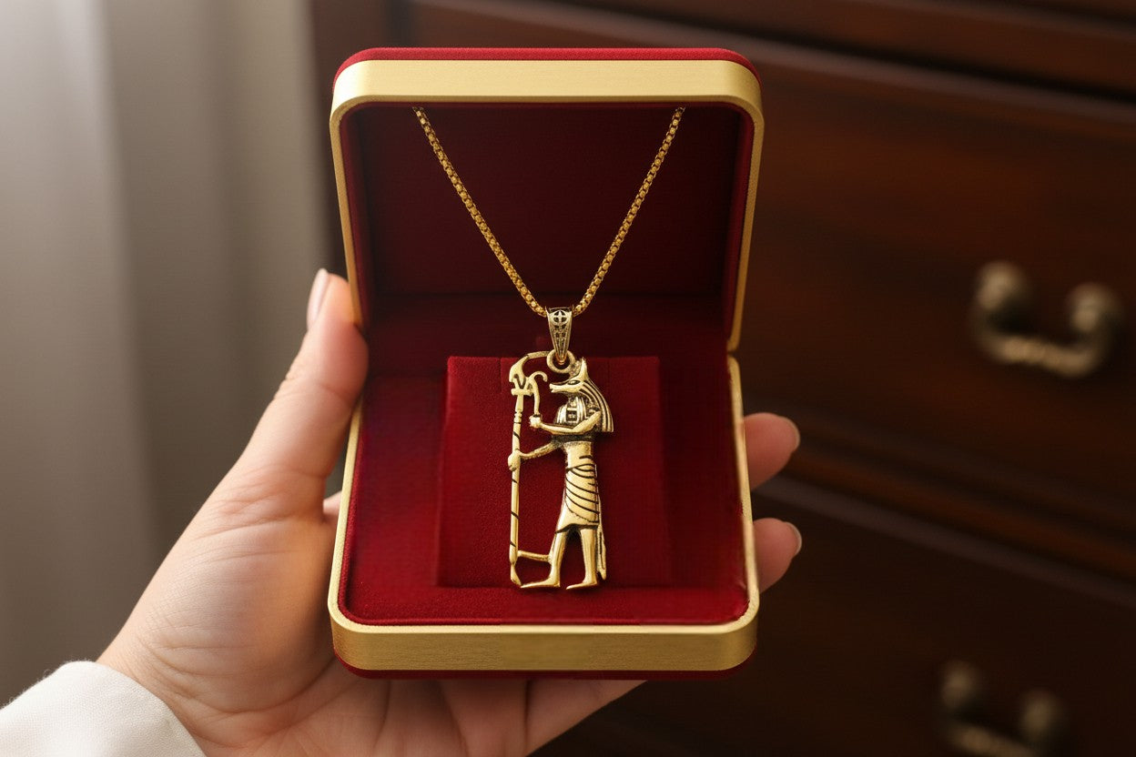Gold Anubis Pendant Necklace, Handmade Egyptian Revival Jewelry