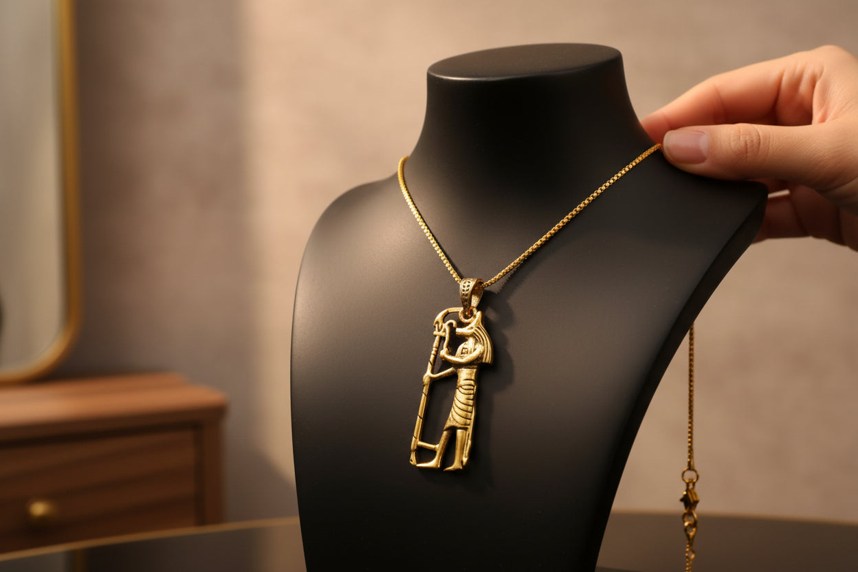 Gold Anubis Pendant Necklace, Handmade Egyptian Revival Jewelry