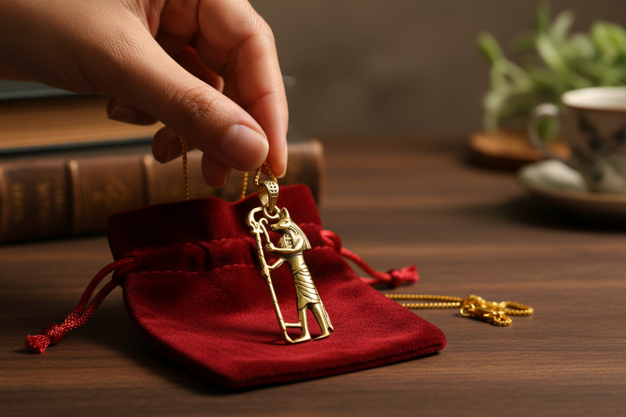 Gold Anubis Pendant Necklace, Handmade Egyptian Revival Jewelry