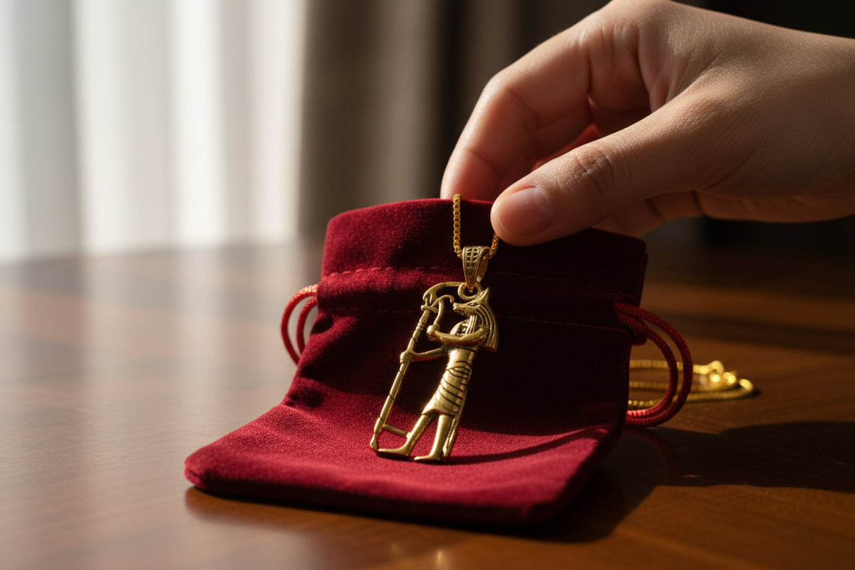 Gold Anubis Pendant Necklace, Handmade Egyptian Revival Jewelry