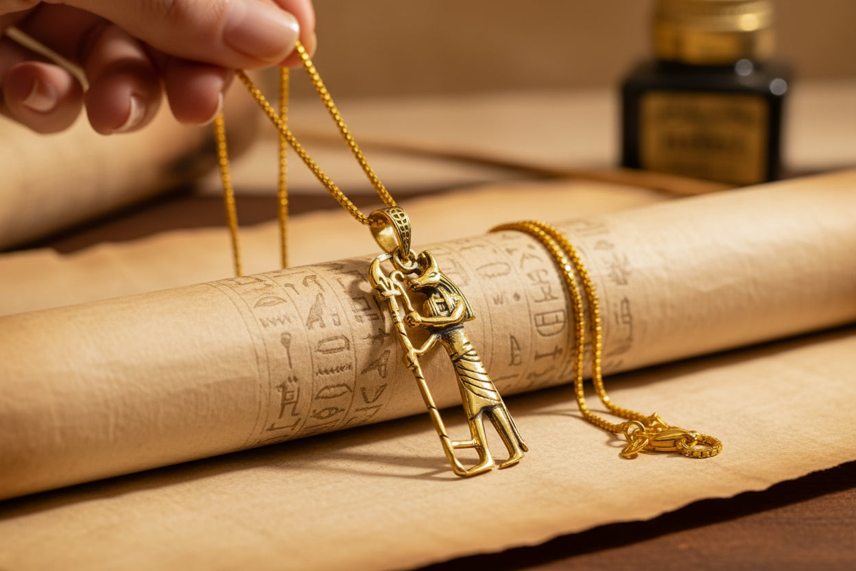 Gold Anubis Pendant Necklace, Handmade Egyptian Revival Jewelry