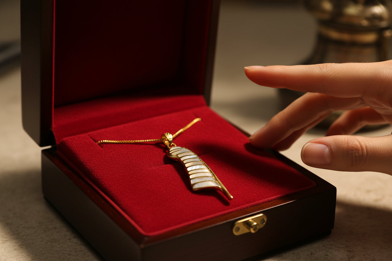 Gold Maat's Feather Pendant Necklace, Mother of Pearl Egyptian Jewelry