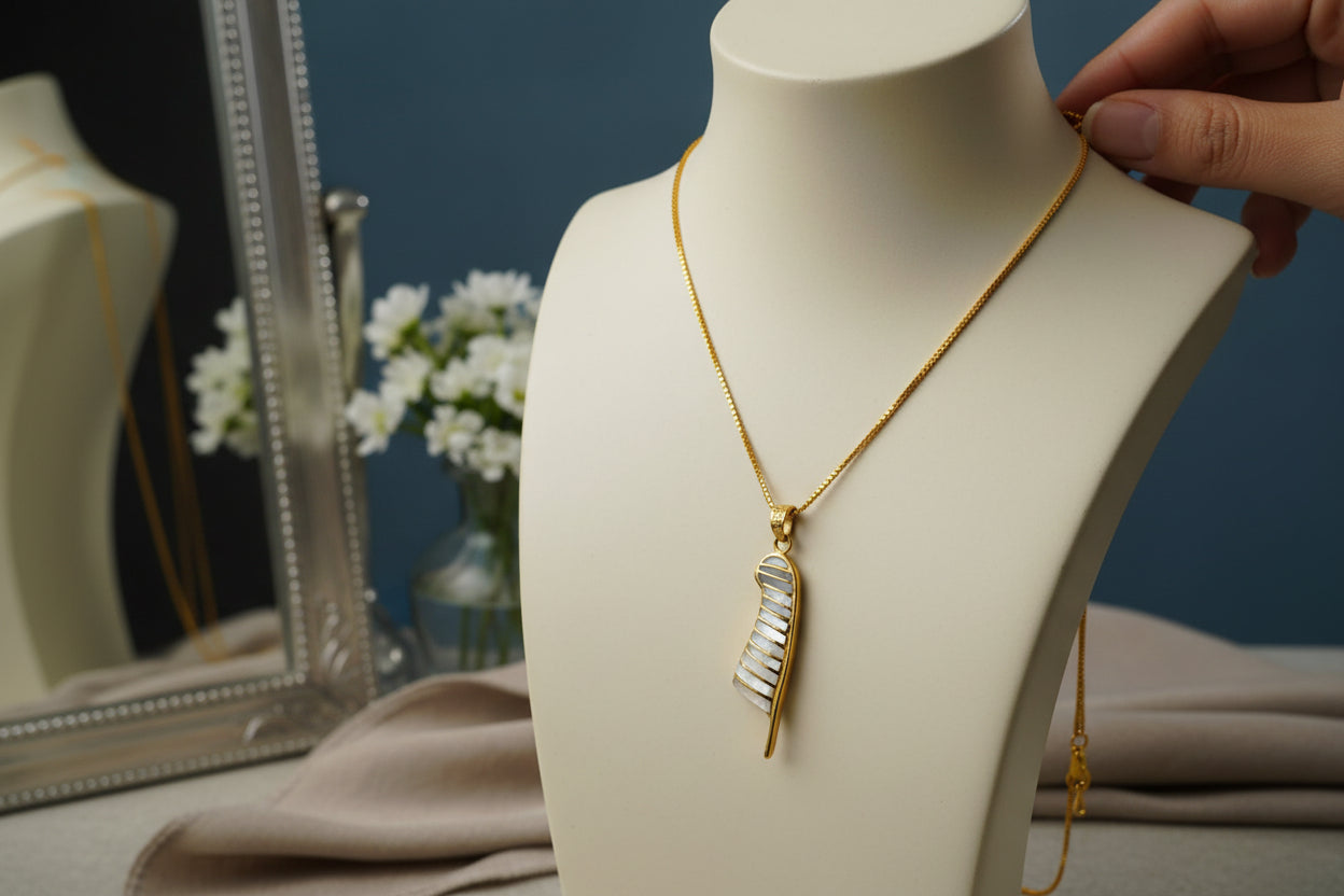 Gold Maat's Feather Pendant Necklace, Mother of Pearl Egyptian Jewelry
