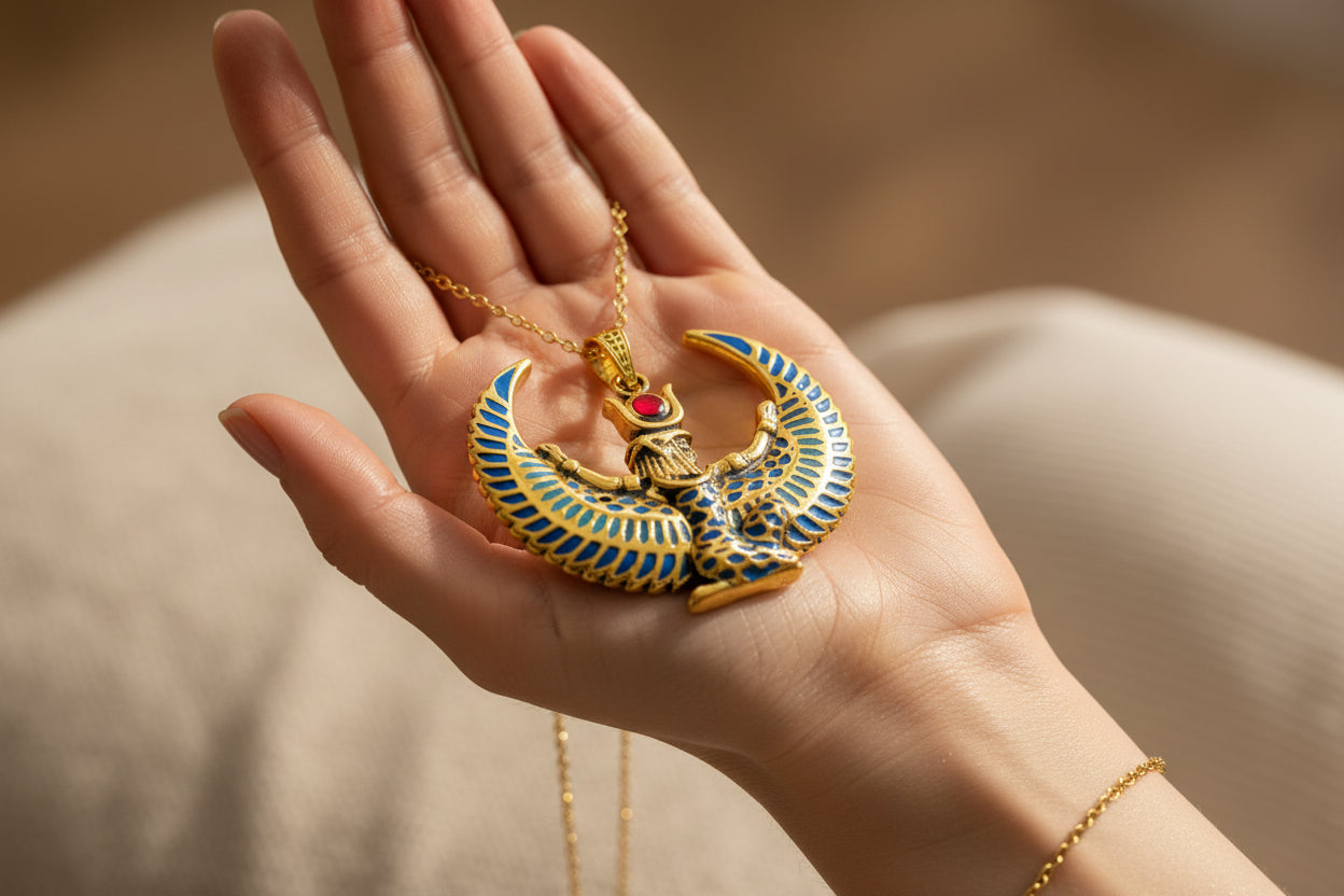 Large Gold Winged Goddess Isis Pendant Necklace, Winged Egyptian Goddess, Egyptian Jewelry, Divine Pendant, Gift for Men and Women