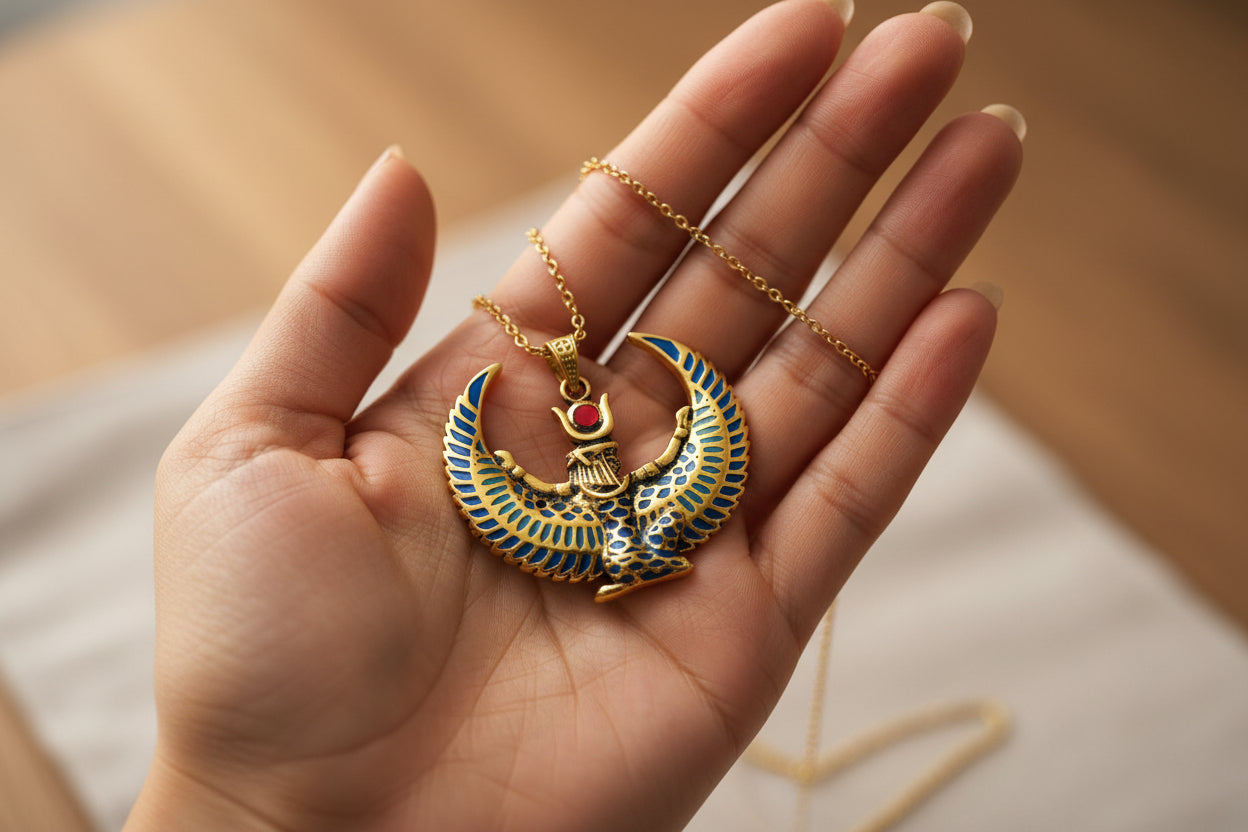 Large Gold Winged Goddess Isis Pendant Necklace, Winged Egyptian Goddess, Egyptian Jewelry, Divine Pendant, Gift for Men and Women