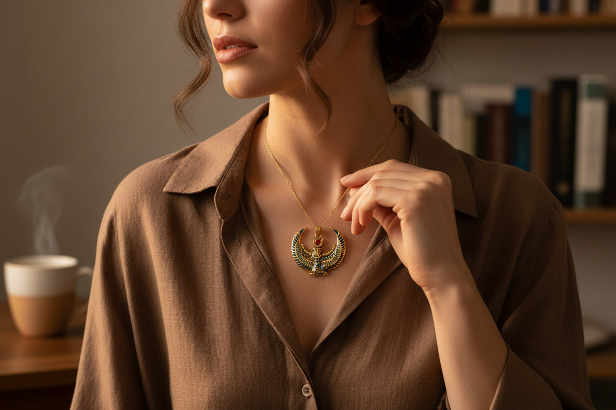 Large Gold Winged Goddess Isis Pendant Necklace, Winged Egyptian Goddess, Egyptian Jewelry, Divine Pendant, Gift for Men and Women