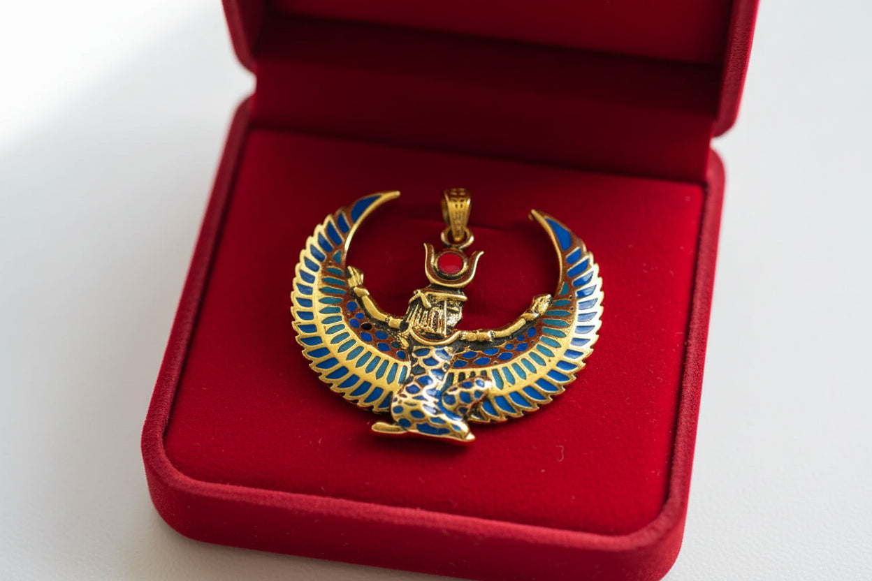 Large Gold Winged Goddess Isis Pendant Necklace, Winged Egyptian Goddess, Egyptian Jewelry, Divine Pendant, Gift for Men and Women