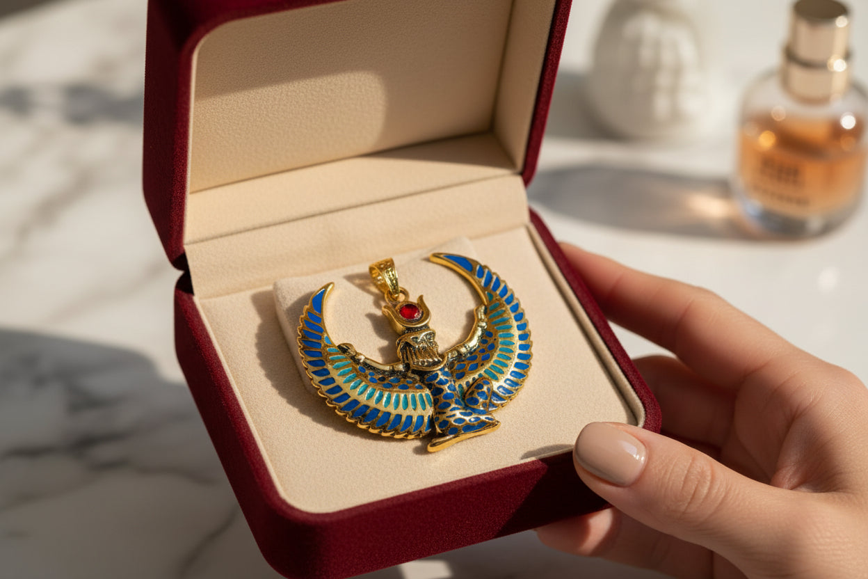 Large Gold Winged Goddess Isis Pendant Necklace, Winged Egyptian Goddess, Egyptian Jewelry, Divine Pendant, Gift for Men and Women