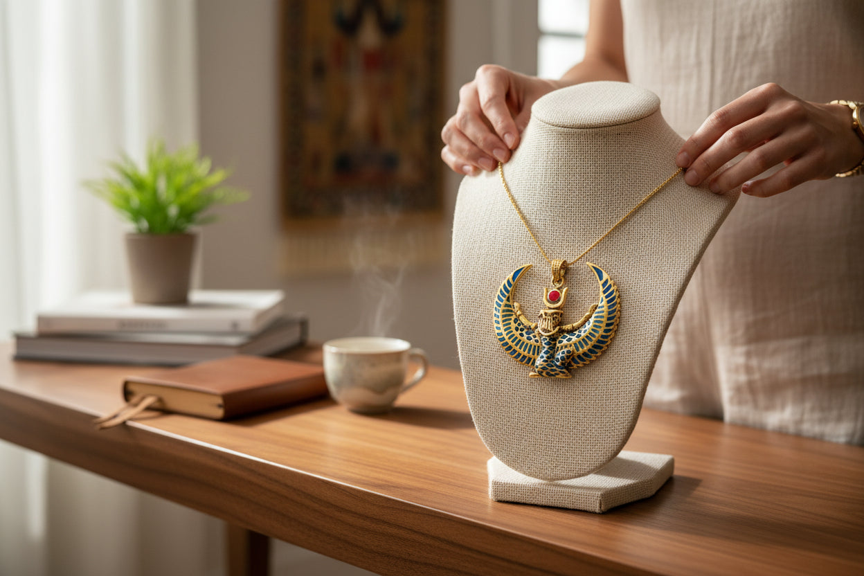 Large Gold Winged Goddess Isis Pendant Necklace, Winged Egyptian Goddess, Egyptian Jewelry, Divine Pendant, Gift for Men and Women