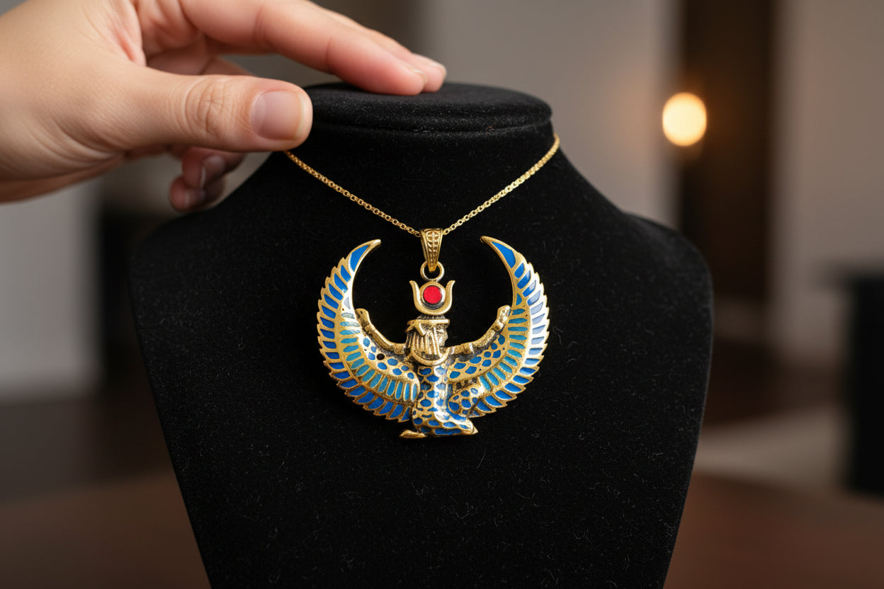 Large Gold Winged Goddess Isis Pendant Necklace, Winged Egyptian Goddess, Egyptian Jewelry, Divine Pendant, Gift for Men and Women