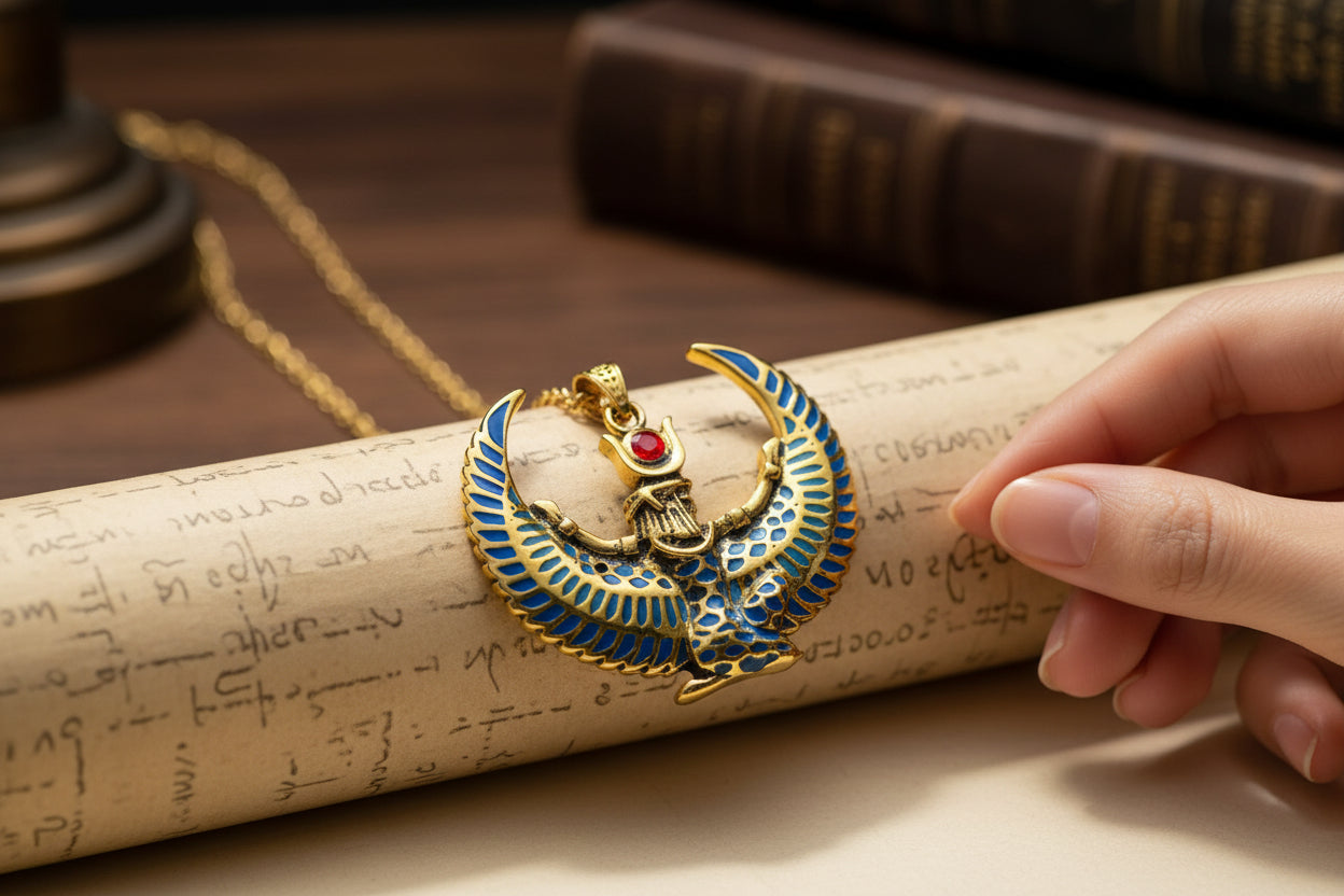 Large Gold Winged Goddess Isis Pendant Necklace, Winged Egyptian Goddess, Egyptian Jewelry, Divine Pendant, Gift for Men and Women