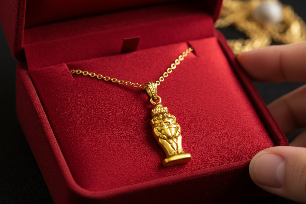 Gold God Bes of Humor Pendant Necklace, Egyptian Gold Jewelry