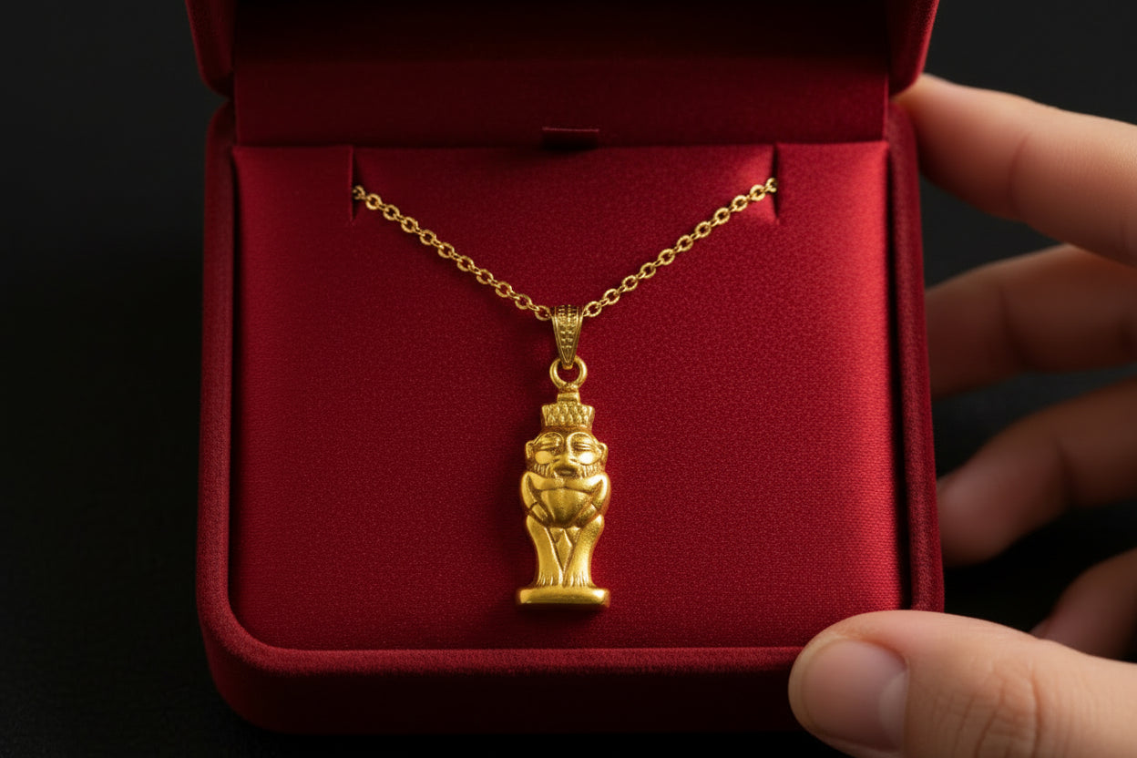 Gold God Bes of Humor Pendant Necklace, Egyptian Gold Jewelry