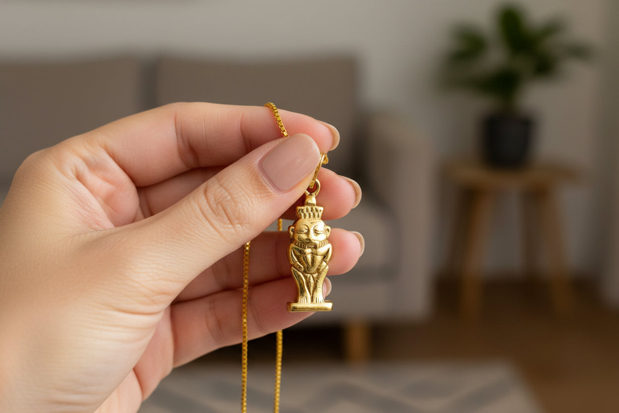 Gold God Bes of Humor Pendant Necklace, Egyptian Gold Jewelry