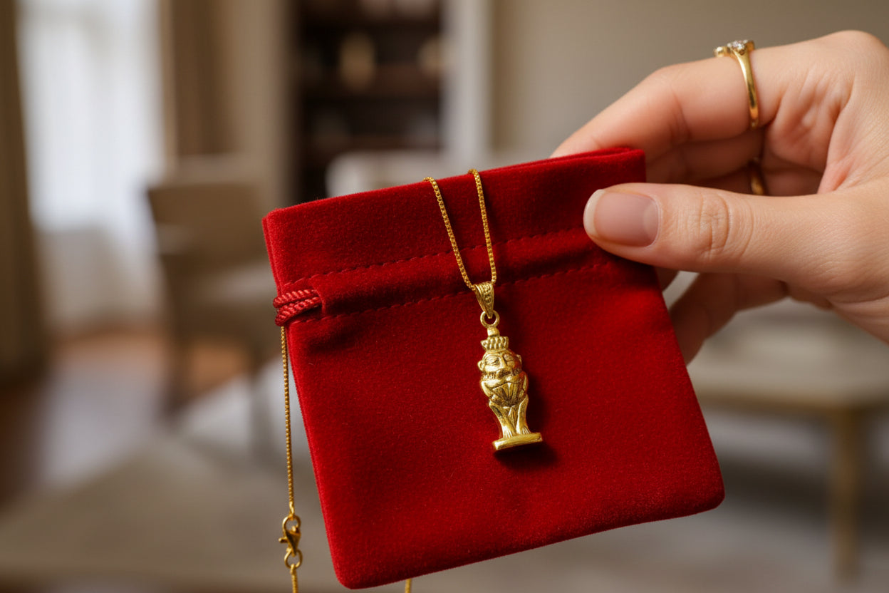 Gold God Bes of Humor Pendant Necklace, Egyptian Gold Jewelry