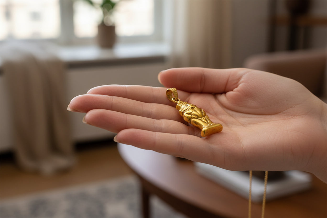 Gold God Bes of Humor Pendant Necklace, Egyptian Gold Jewelry
