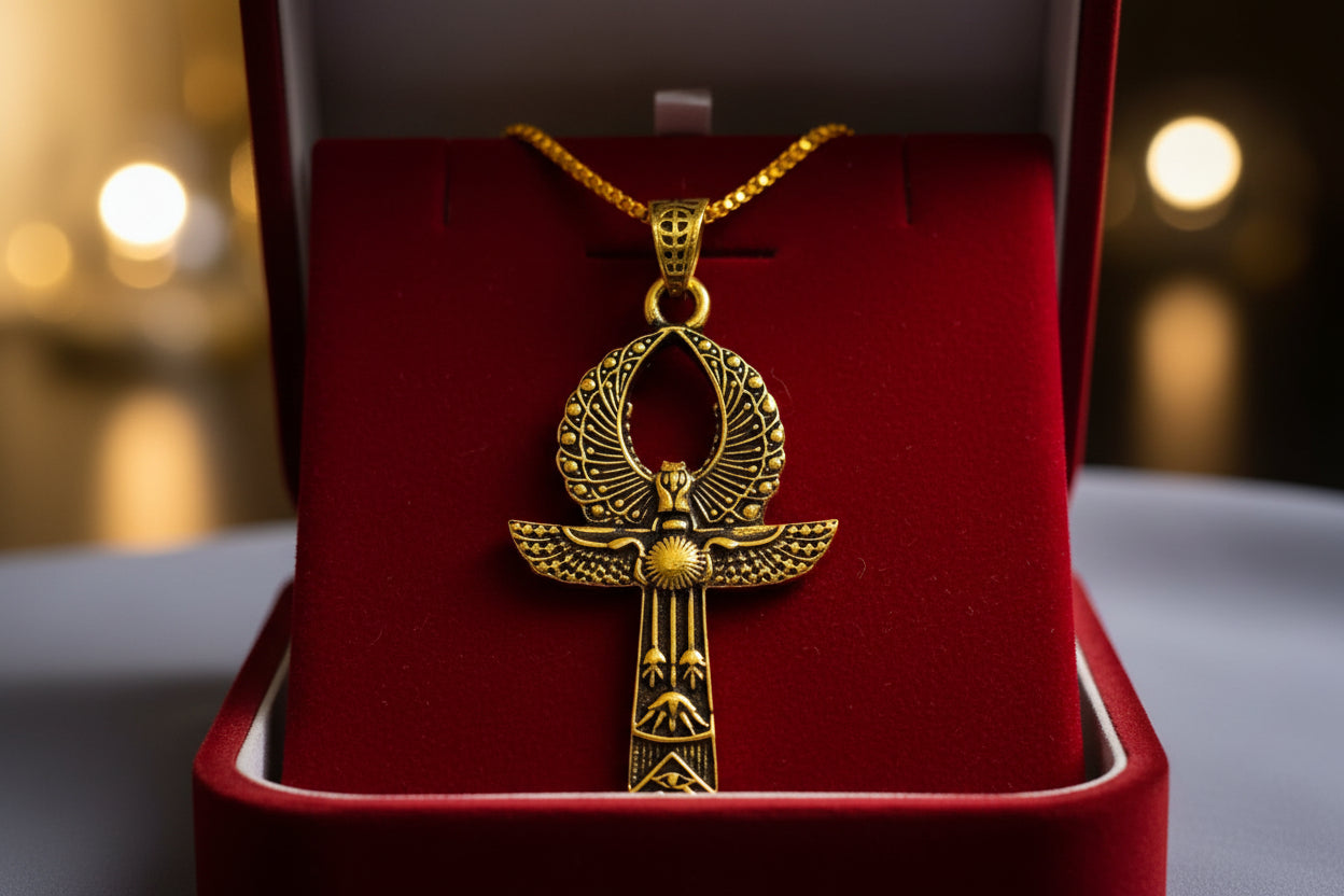 Gold Ankh Necklace, Egyptian Key of Life Talisman Pendant