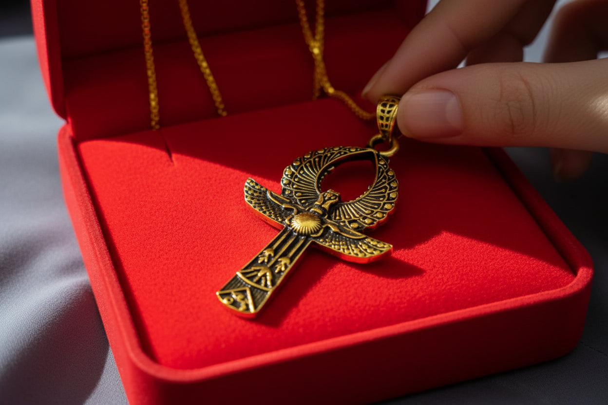 Gold Ankh Necklace, Egyptian Key of Life Talisman Pendant