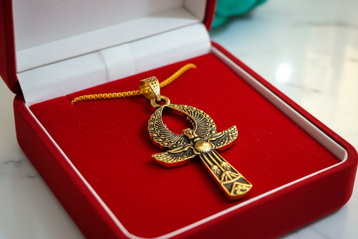 Gold Ankh Necklace, Egyptian Key of Life Talisman Pendant