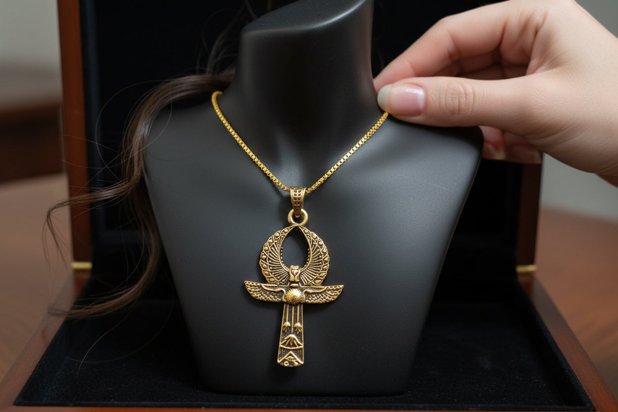 Gold Ankh Necklace, Egyptian Key of Life Talisman Pendant