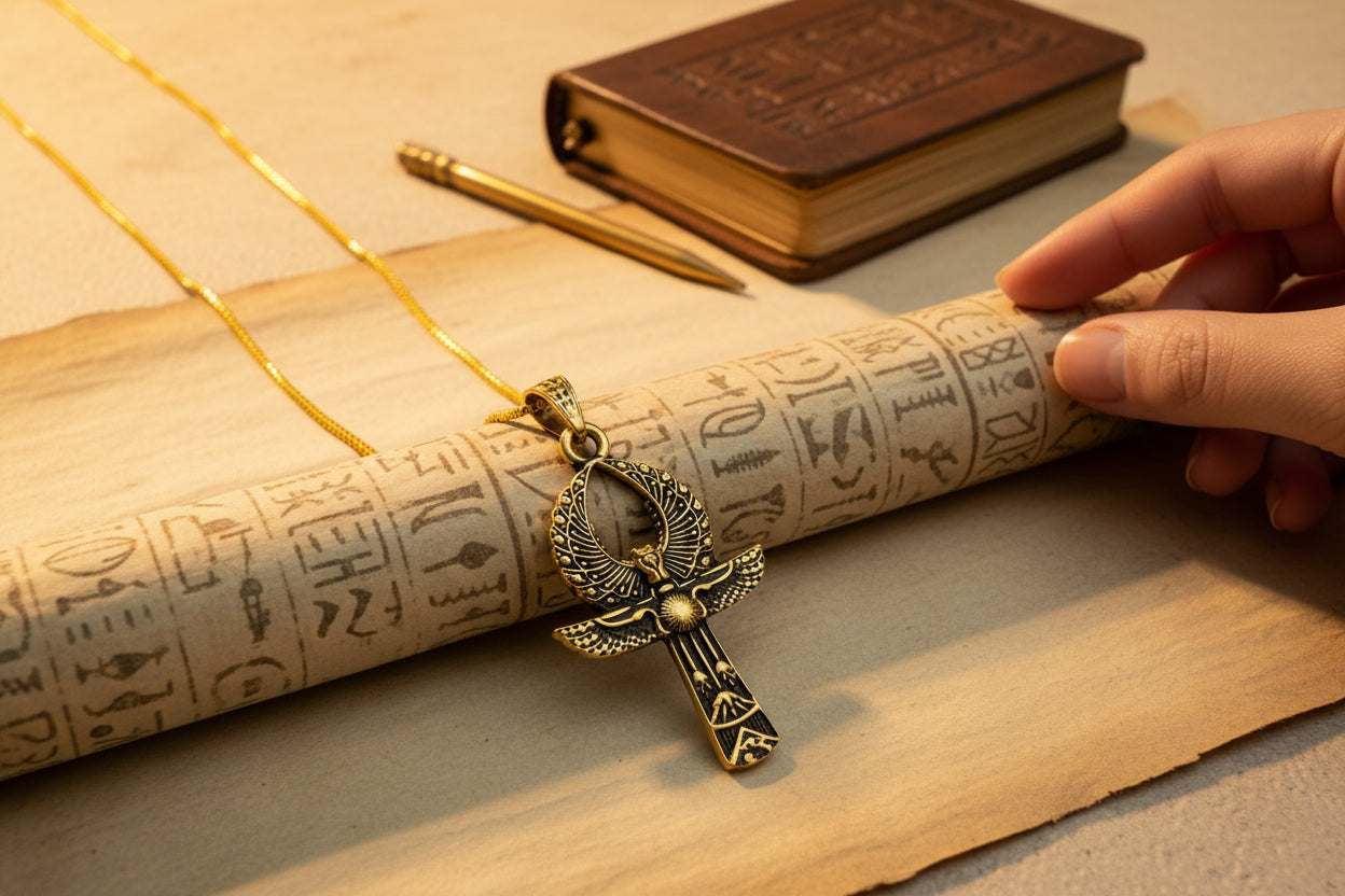 Gold Ankh Necklace, Egyptian Key of Life Talisman Pendant