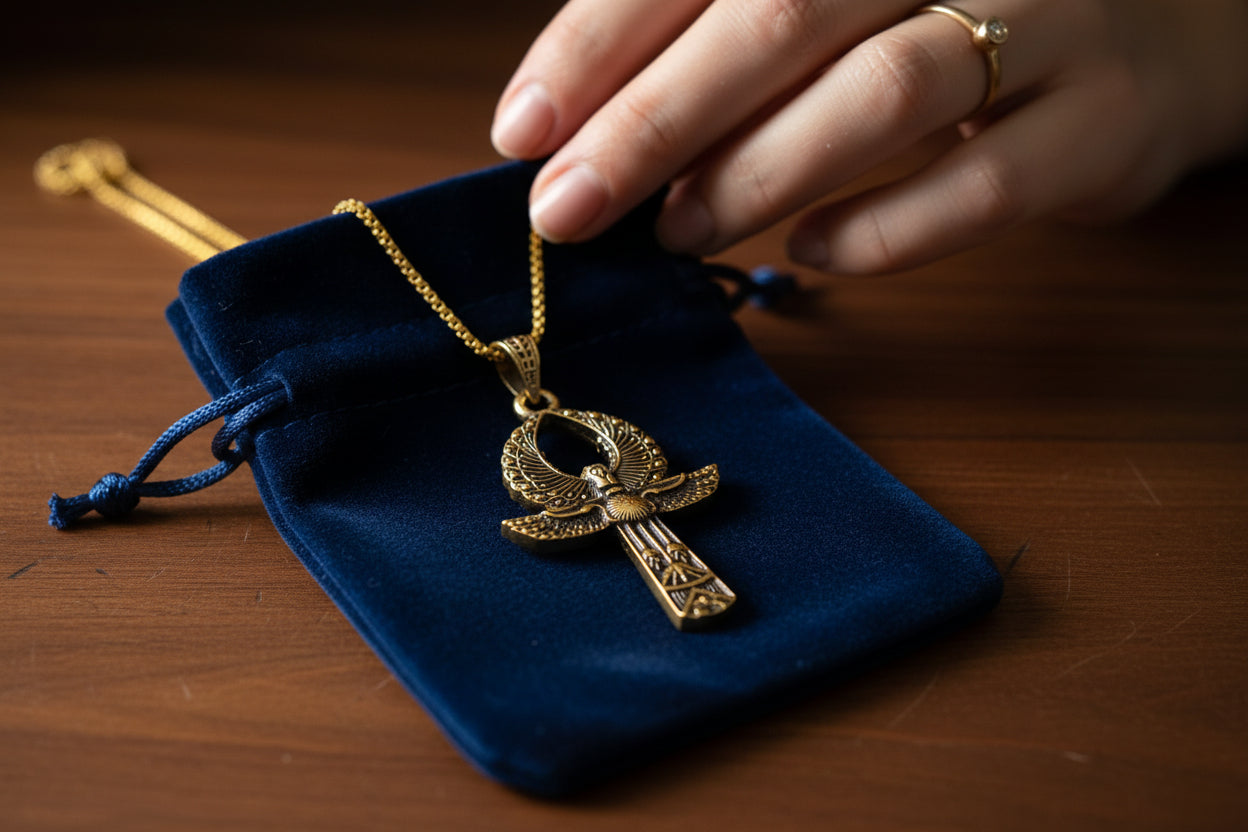 Gold Ankh Necklace, Egyptian Key of Life Talisman Pendant