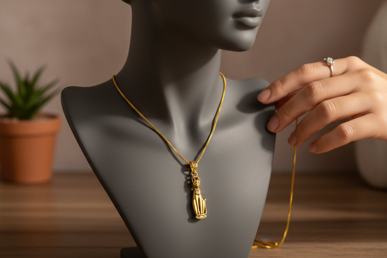 Gold Goddess Bastet Cat Pendant Necklace, Egyptian Revival Jewelry