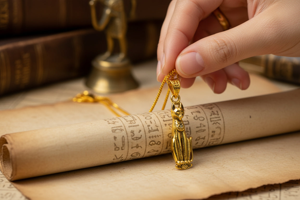 Gold Goddess Bastet Cat Pendant Necklace, Egyptian Revival Jewelry
