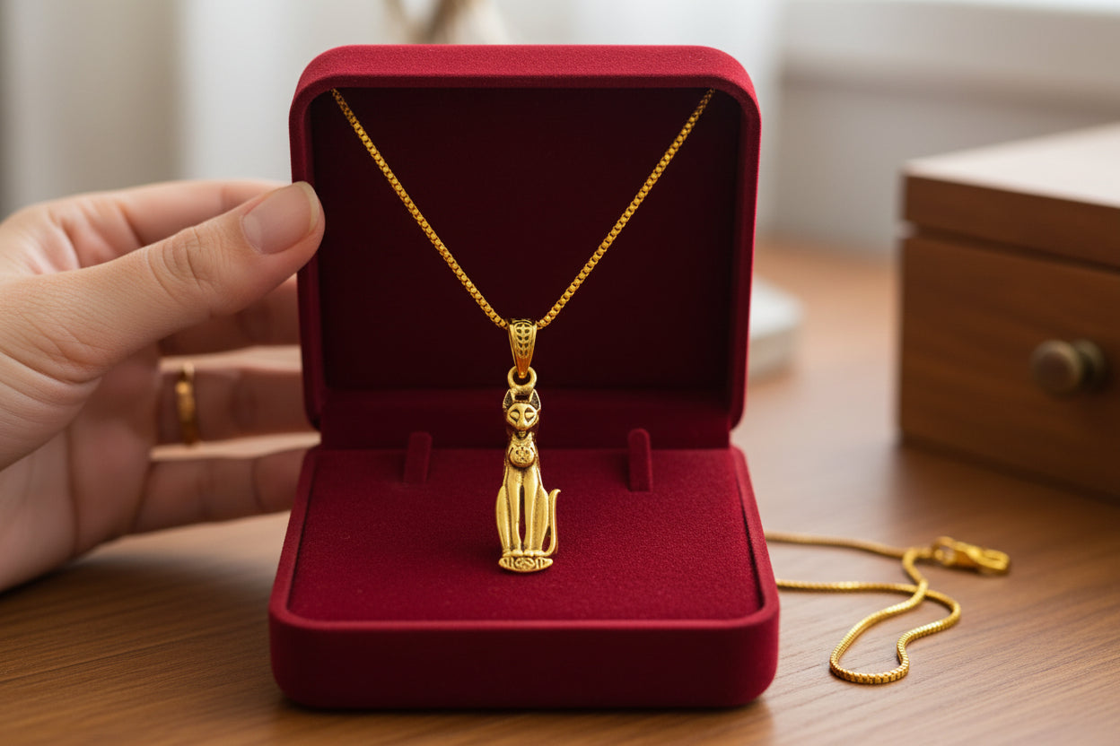 Gold Goddess Bastet Cat Pendant Necklace, Egyptian Revival Jewelry