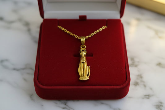 Gold Goddess Bastet Cat Pendant Necklace, Egyptian Revival Jewelry