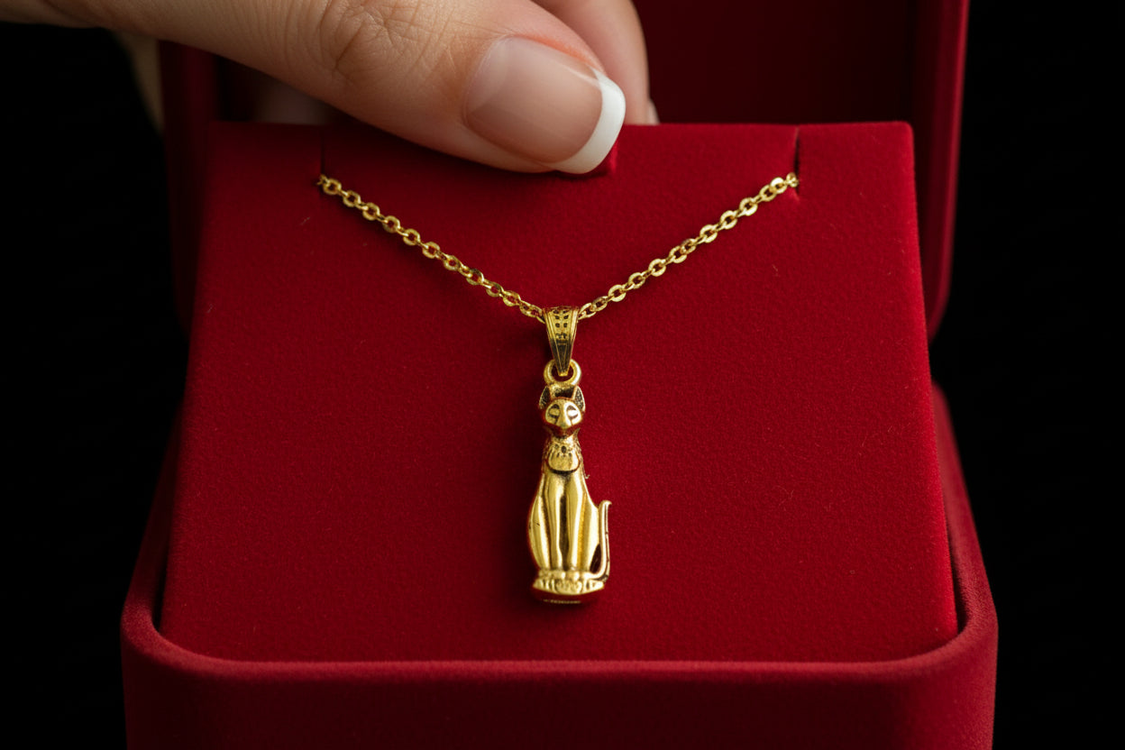 Gold Goddess Bastet Cat Pendant Necklace, Egyptian Revival Jewelry