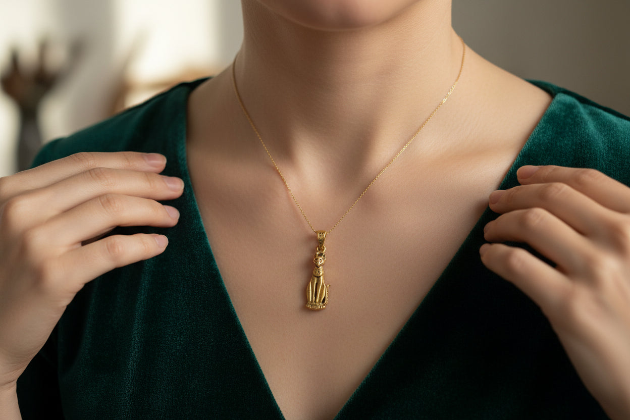 Gold Goddess Bastet Cat Pendant Necklace, Egyptian Revival Jewelry