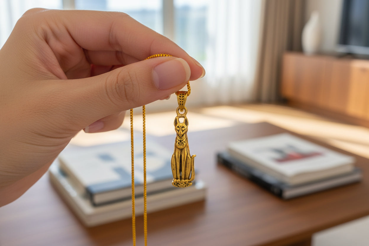 Gold Goddess Bastet Cat Pendant Necklace, Egyptian Revival Jewelry