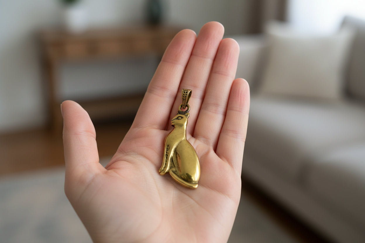 Gold Bastet Cat Pendant Necklace, Egyptian Revival Jewelry Talisman