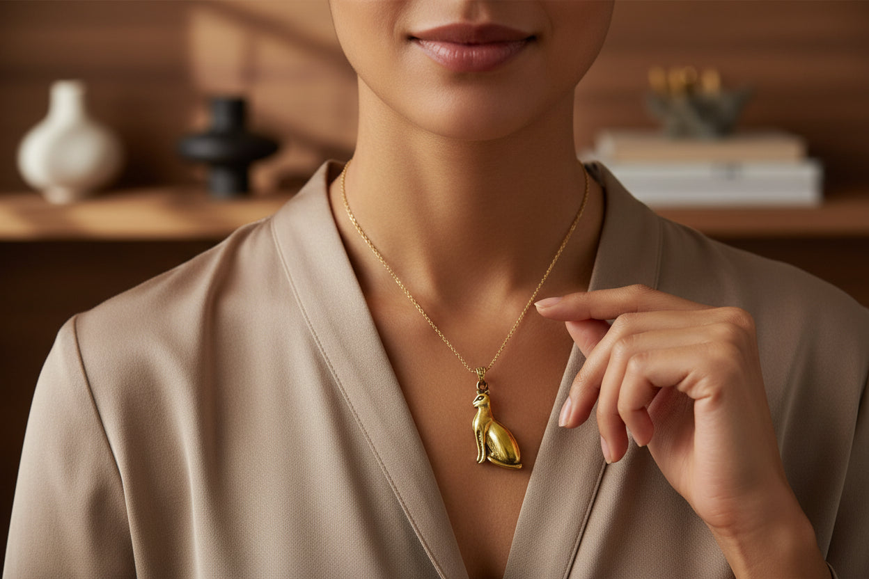 Gold Bastet Cat Pendant Necklace, Egyptian Revival Jewelry Talisman