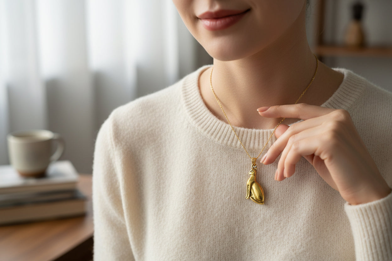 Gold Bastet Cat Pendant Necklace, Egyptian Revival Jewelry Talisman