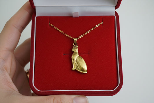 Gold Bastet Cat Pendant Necklace, Egyptian Revival Jewelry Talisman