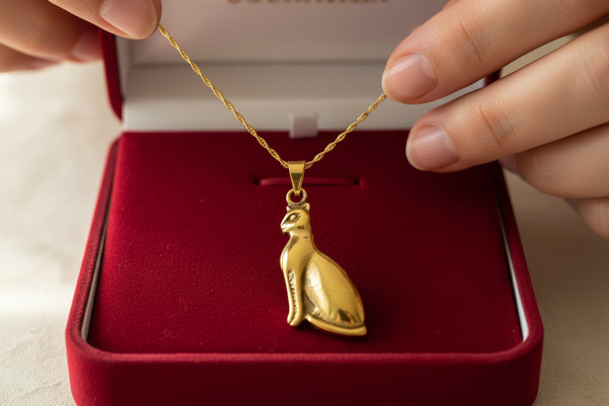 Gold Bastet Cat Pendant Necklace, Egyptian Revival Jewelry Talisman