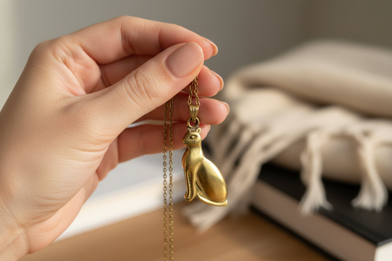 Gold Bastet Cat Pendant Necklace, Egyptian Revival Jewelry Talisman