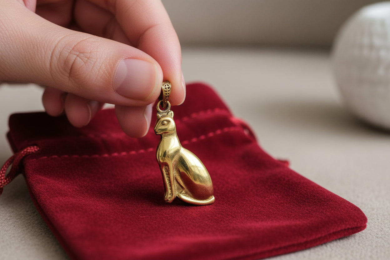 Gold Bastet Cat Pendant Necklace, Egyptian Revival Jewelry Talisman