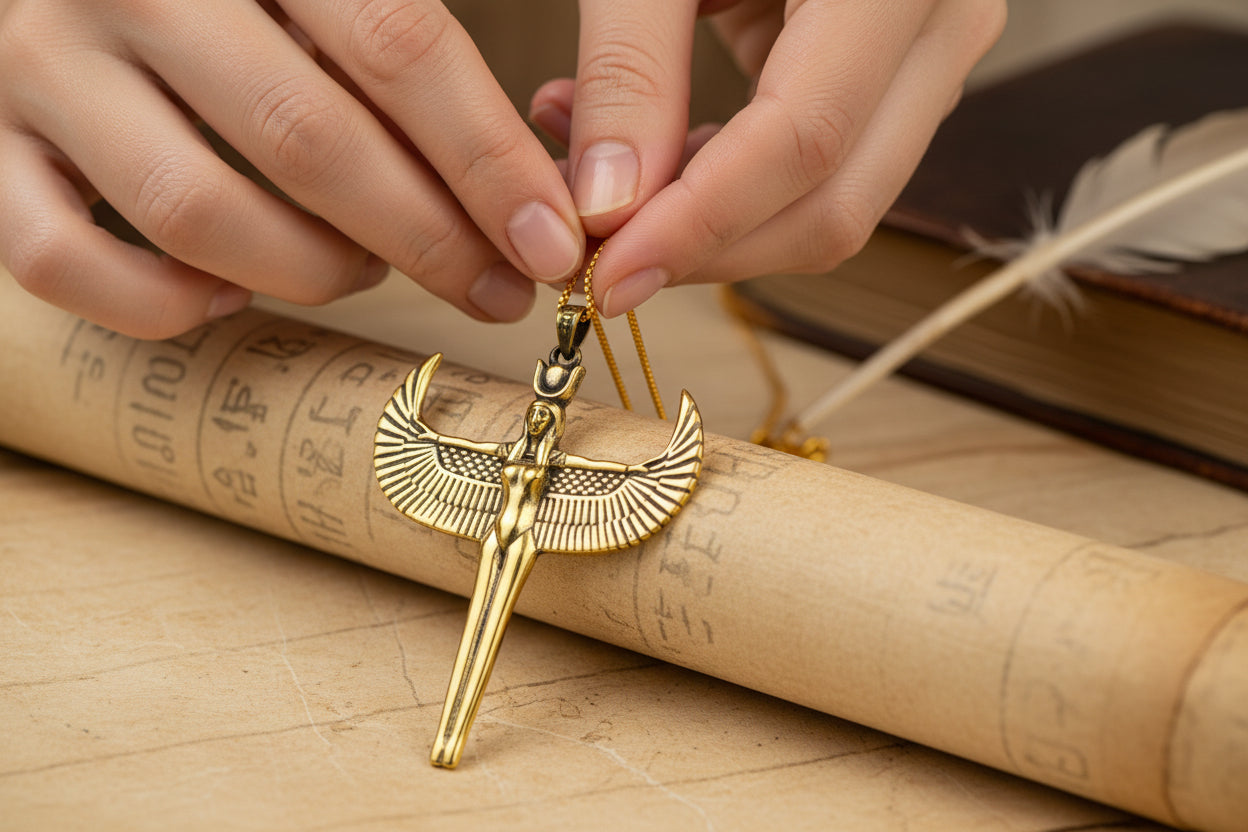 Gold Goddess Isis Pendant, Winged Egyptian Goddess, Egyptian Jewelry, Divine Minimalist Necklace, Gift for Men and Women