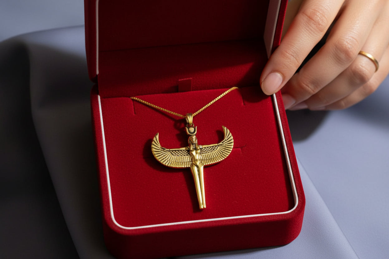 Gold Goddess Isis Pendant, Winged Egyptian Goddess, Egyptian Jewelry, Divine Minimalist Necklace, Gift for Men and Women