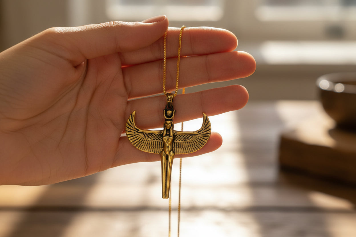 Gold Goddess Isis Pendant, Winged Egyptian Goddess, Egyptian Jewelry, Divine Minimalist Necklace, Gift for Men and Women