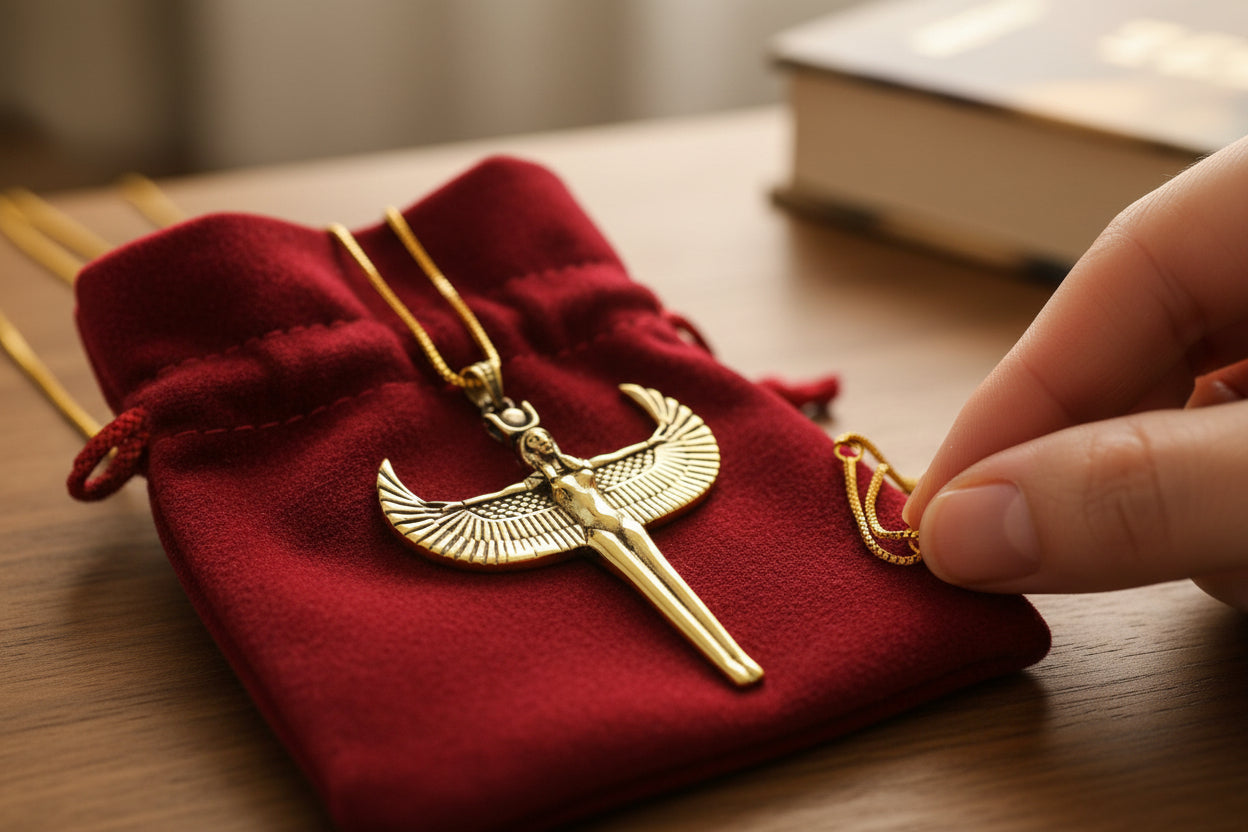 Gold Goddess Isis Pendant, Winged Egyptian Goddess, Egyptian Jewelry, Divine Minimalist Necklace, Gift for Men and Women