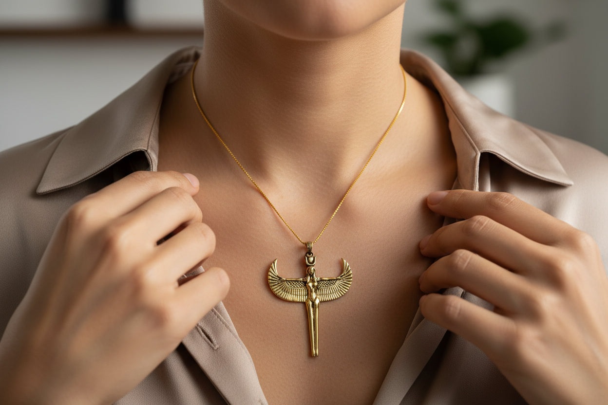 Gold Goddess Isis Pendant, Winged Egyptian Goddess, Egyptian Jewelry, Divine Minimalist Necklace, Gift for Men and Women