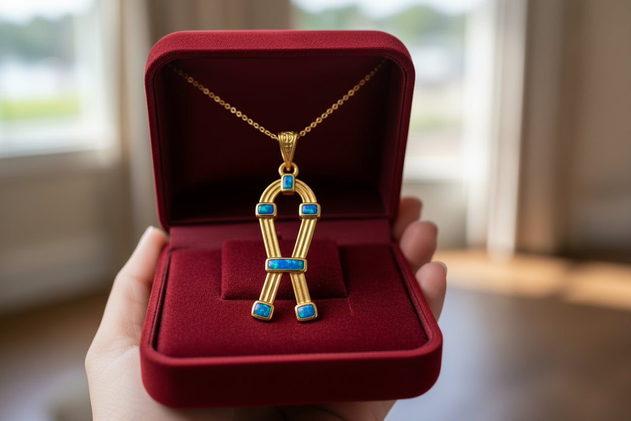Opal Gold SAA Amulet Necklace, Egyptian Protection Pendant