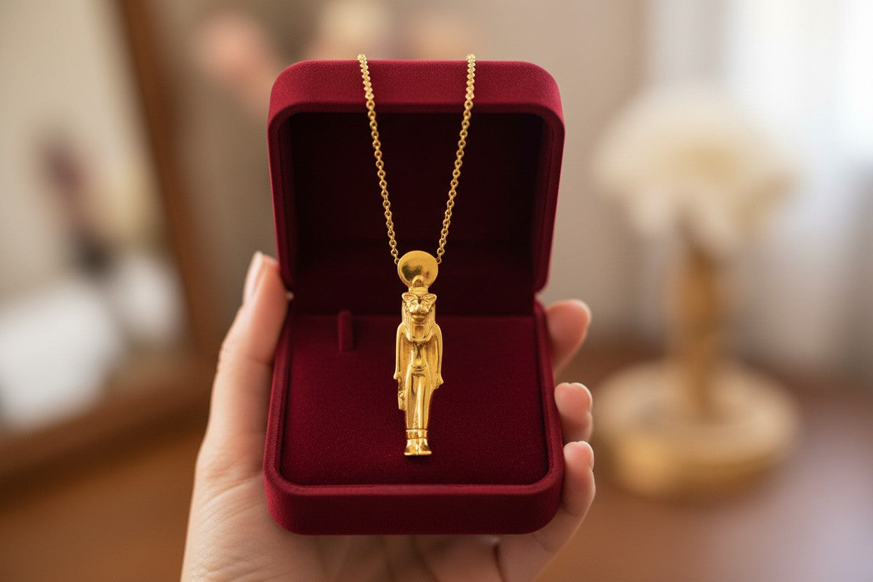 Gold Sekhmet Pendant, Egyptian Revival Necklace, Divine Talisman