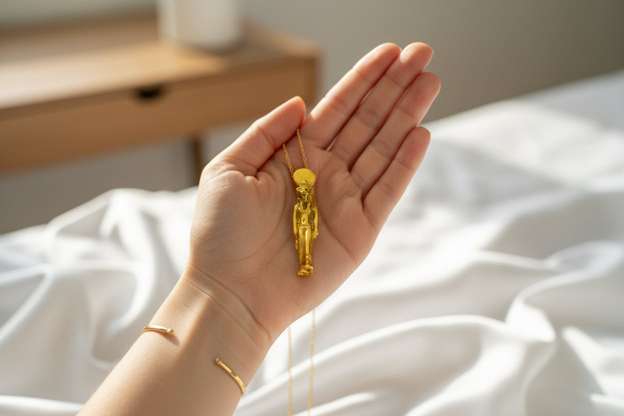 Gold Sekhmet Pendant, Egyptian Revival Necklace, Divine Talisman