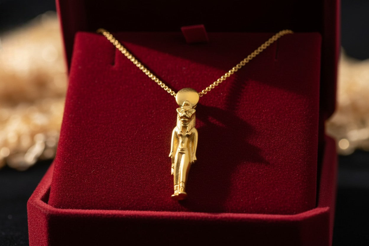 Gold Sekhmet Pendant, Egyptian Revival Necklace, Divine Talisman